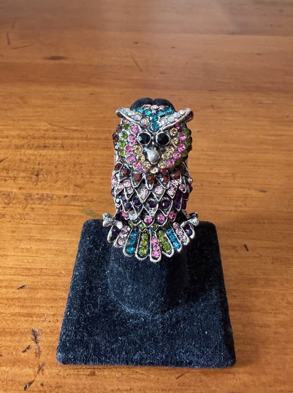Owl Stretch Statement Ring Silver Tone Multicolor Rhinestone Bird Adjustable Fit